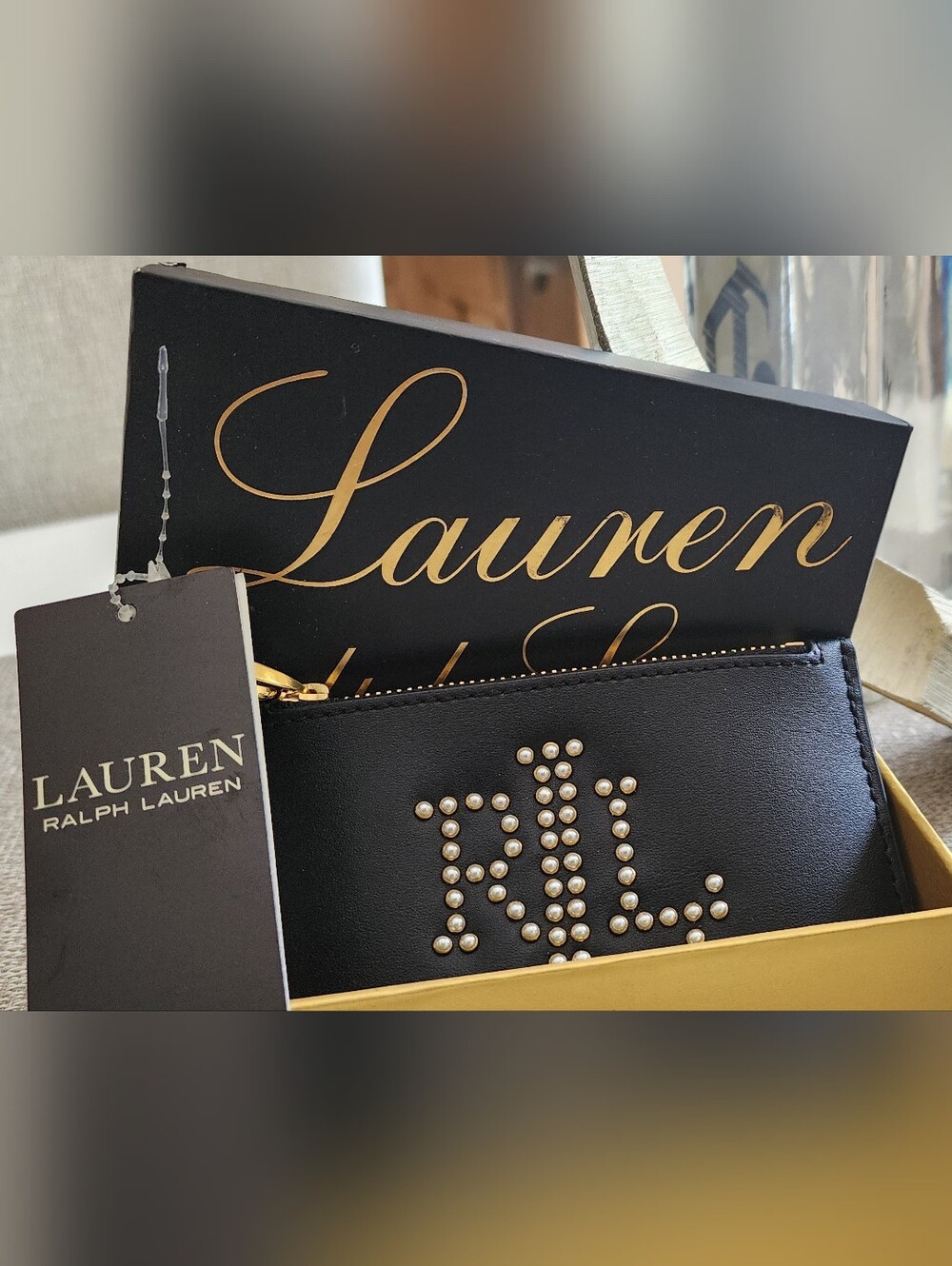 New Lauren Ralph Lauren Black Leather Zip Wallet with Pearl Stud RLL Logo